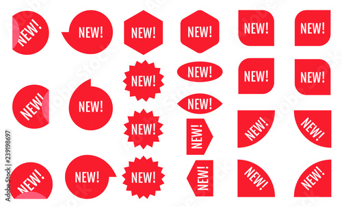 New sticker set. Red promotion labels. Modern vector flat style illustration isolated on white background. Red promotion labels for new arrivals shop section.