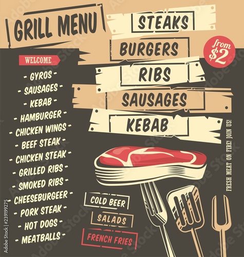 Grill menu creative design with artistic food graphics. Restaurant menu template. Steaks, burgers, kebab, ribs, sausages vector illustration.