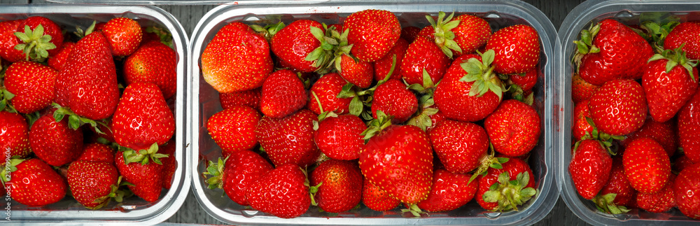 Close up of fresh red ripe strawberries in transparent plastic container boxes Close up of fresh red ripe strawberries in transparent plastic container boxes