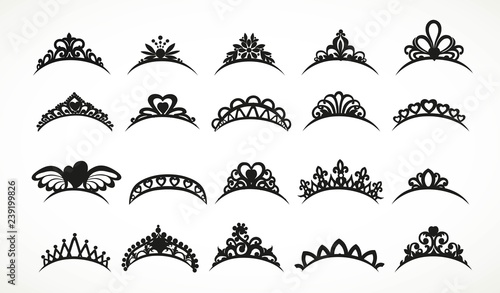 Big set of silhouettes tiaras various shapes isolated on a white background photo
