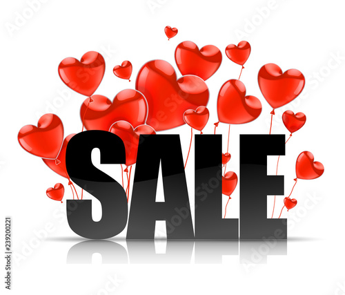 Valentines Day. Advertising sales. Black SALE word on a background of red balloons in the shape of a heart. Vector illustration.