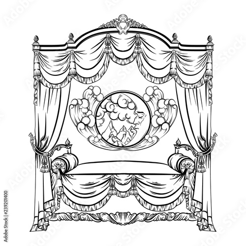 Vector illustration of baroque bed with baldachin and moon with face and clouds made in hand drawn sketch style. Beautiful furniture design. Template for business car, poster, banner, print, placard.