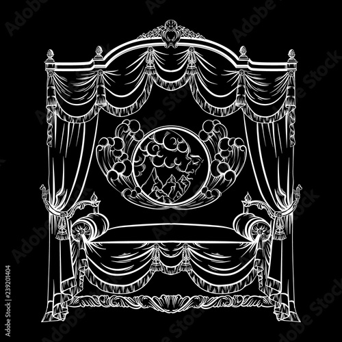 Vector illustration of baroque bed with baldachin and moon with face and clouds made in hand drawn sketch style. Beautiful furniture design. Template for business car, poster, banner, print, placard.