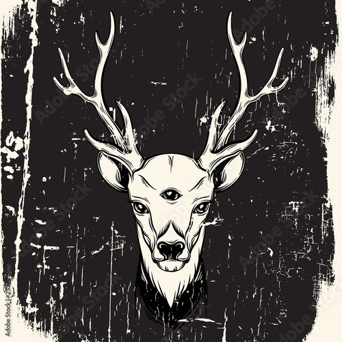 Hand drawn beautiful  deer  with tree eyes. Alchemy, religion, spirituality, occultism, tattoo art, coloring books. Template for card, poster, banner, print for t-shirt.