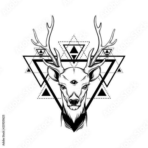 Hand drawn beautiful  deer  with tree eyes. Alchemy, religion, spirituality, occultism, tattoo art, coloring books. Template for card, poster, banner, print for t-shirt.
