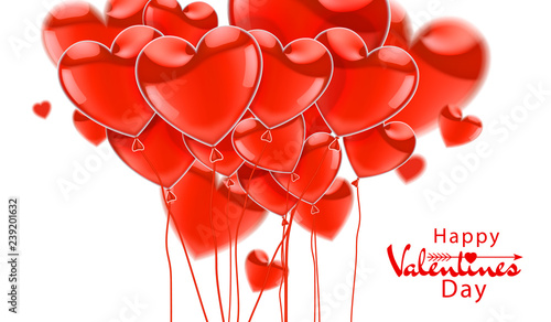 Happy Valentines Day.  Red flying realistic glossy balloons  on a white background. Vector  illustration.