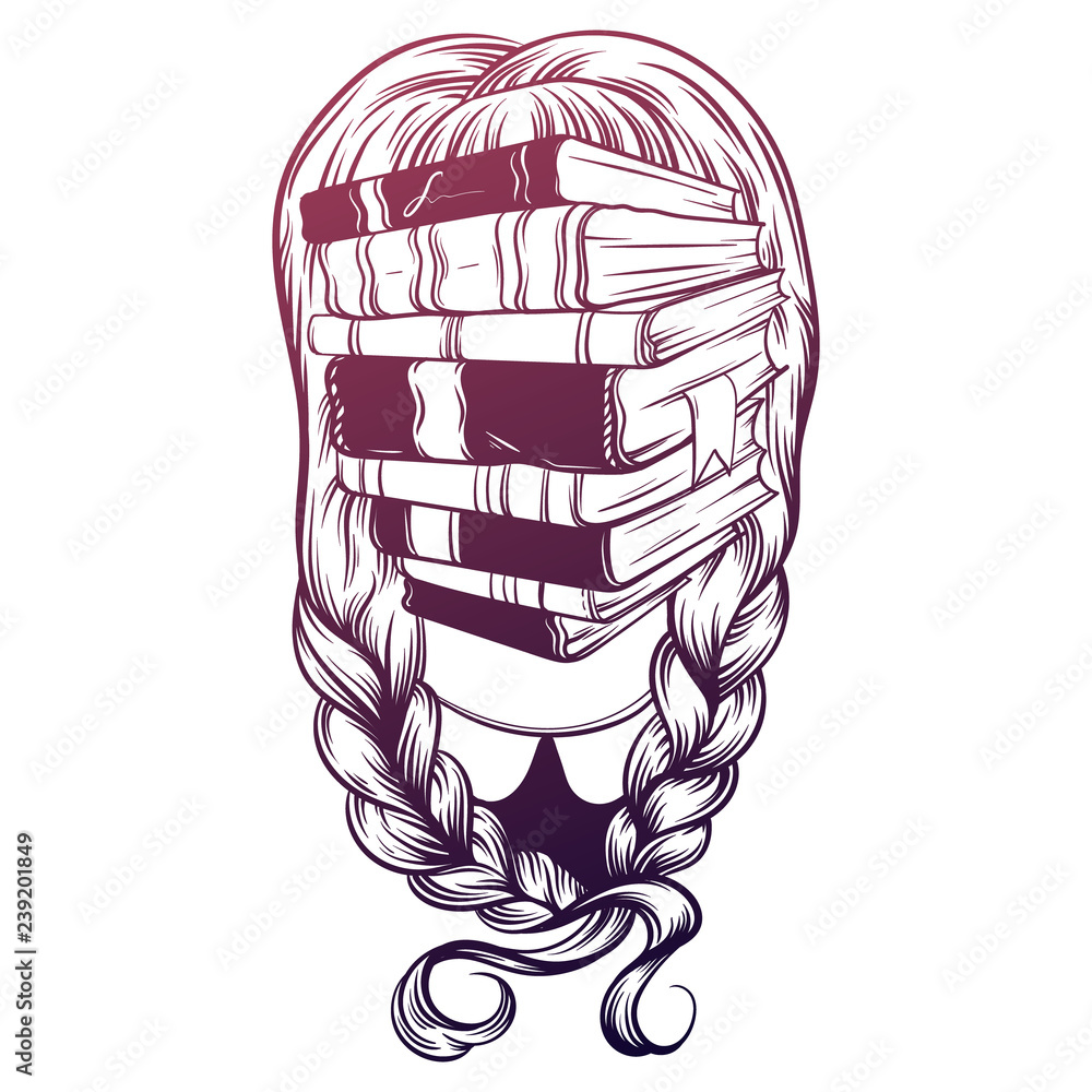 Vector illustration of girl with plaits and books instead face made in hand drawn style. Creative artwork. Character design. Template for card, poster, banner, print for t-shirt.