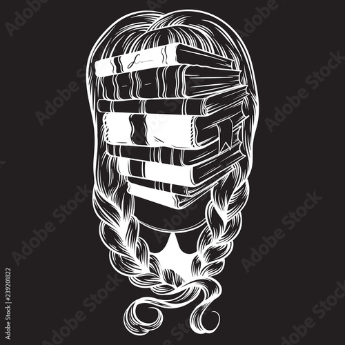 Vector illustration of girl with plaits and books instead face made in hand drawn style. Creative artwork. Character design. Template for card, poster, banner, print for t-shirt.