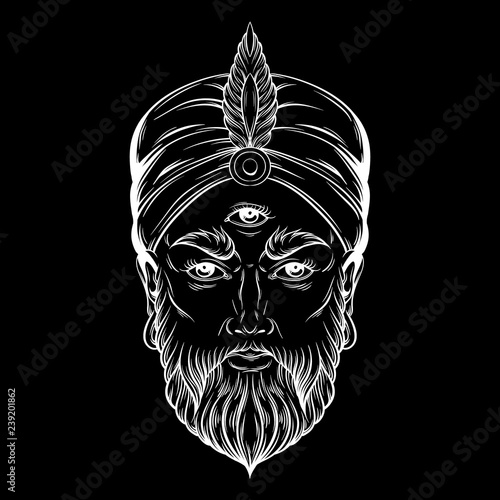Vector hand drawn illustration of fortune teller with three eyes. Hand sketched creative artwork. Template for card poster, banner, print for t-shirt. Tattoo art.