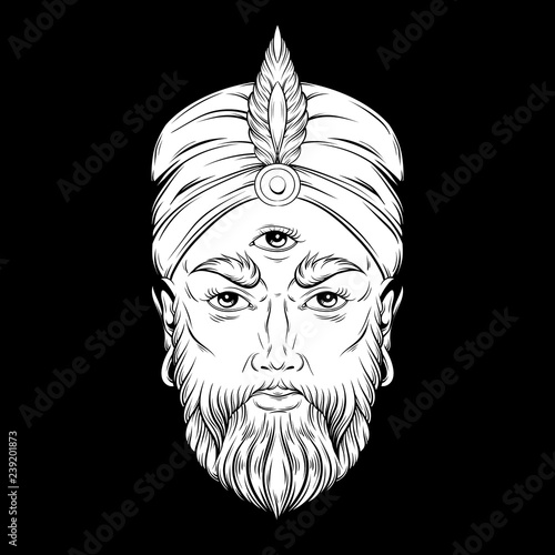 Vector hand drawn illustration of fortune teller with three eyes. Hand sketched creative artwork. Template for card poster, banner, print for t-shirt. Tattoo art.