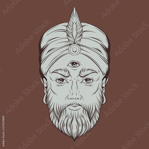 Vector hand drawn illustration of fortune teller with three eyes. Hand sketched creative artwork. Template for card poster, banner, print for t-shirt. Tattoo art.