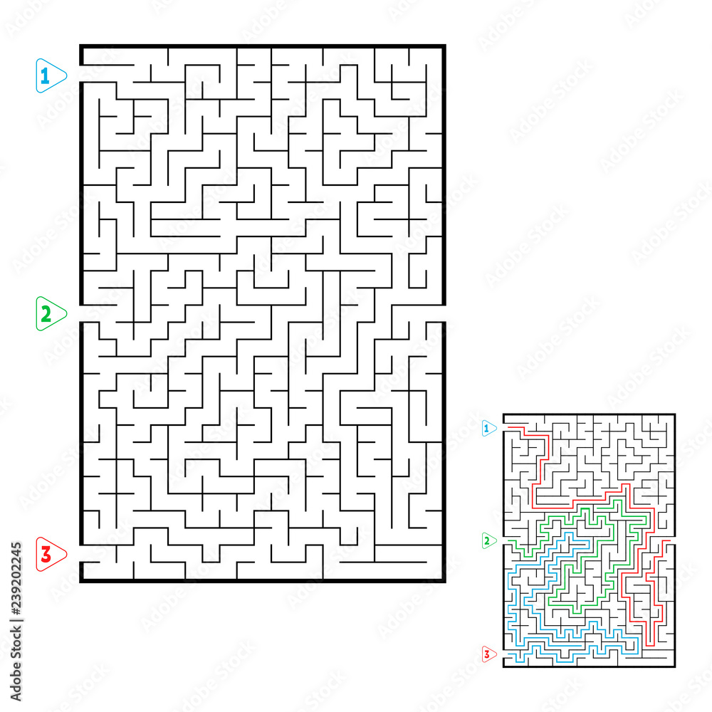 Abstract rectangular large maze. Game for kids. Puzzle for children. Three entrances, one exit. Labyrinth conundrum. Flat vector illustration isolated on white background. With answer. Abstract rectangular large maze. Game for kids. Puzzle for children. Three entrances, one exit. Labyrinth conundrum. Flat vector illustration isolated on white background. With answer.