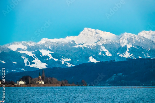 View of the Speer peak (1,951 m) in the Appenzell Alps, overlooking Lake Zurich and Lake Walenstadt in the canton of St. Gallen. View from the upper Zurich Lake (Obersee), Switzerland