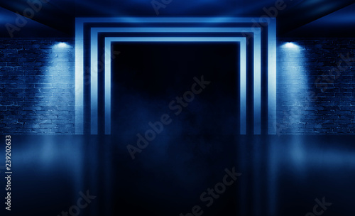 Fototapeta Naklejka Na Ścianę i Meble -  Background of an empty dark room with brick shades, illuminated by neon lights with laser beams, smoke