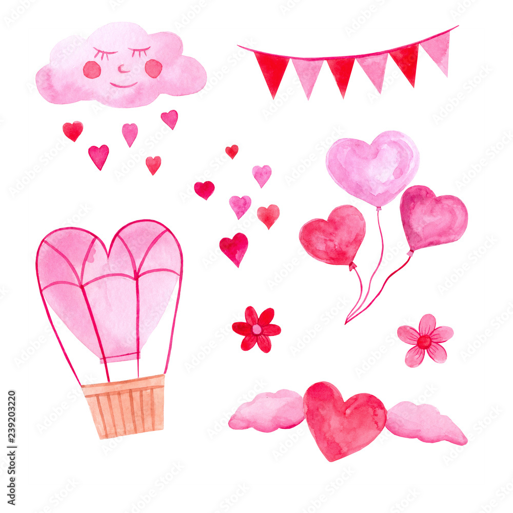 set of watercolor illustrations for Valentine's day: cloud, ballon, flowers, hearts