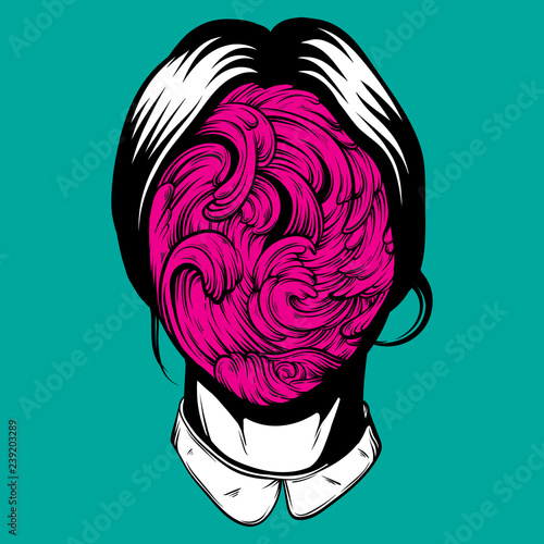 Vector illustration of weird young girl with sea waves instead face made in hand drawn style. Graphic Noir artwork. Character design. Template for card poster banner print for t-shirt.