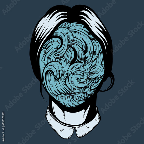 Vector illustration of weird young girl with sea waves instead face made in hand drawn style. Graphic Noir artwork. Character design. Template for card poster banner print for t-shirt.