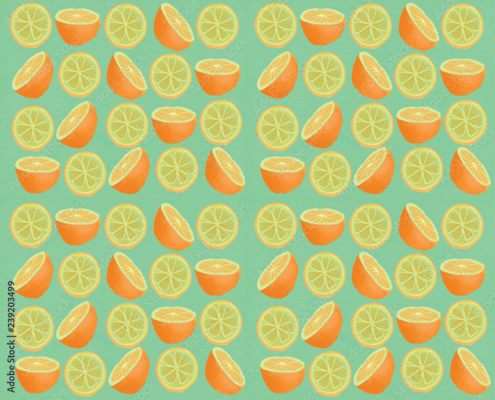 Texture illustration with sliced orange on green background. Texture illustration with sliced orange on green background.