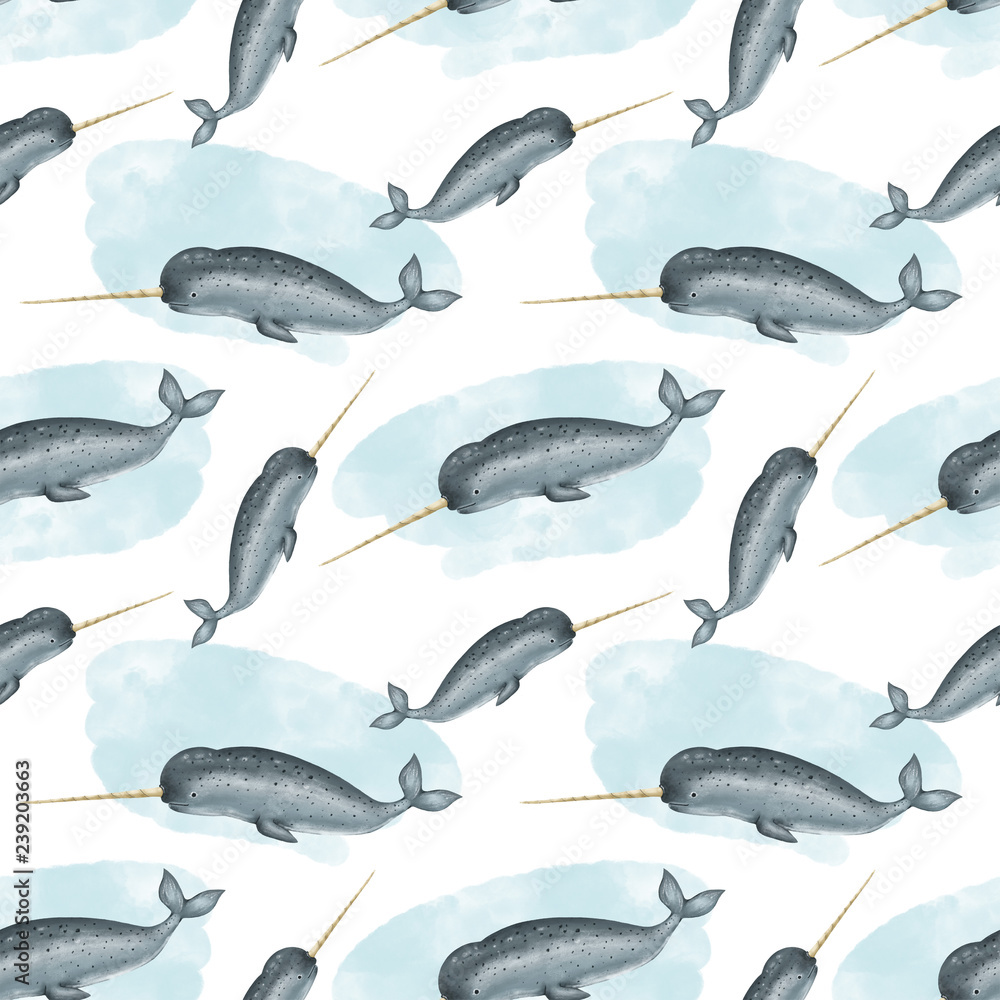 narwhal sea unicorn, seamless pattern on a white background narwhal sea unicorn, seamless pattern on a white background