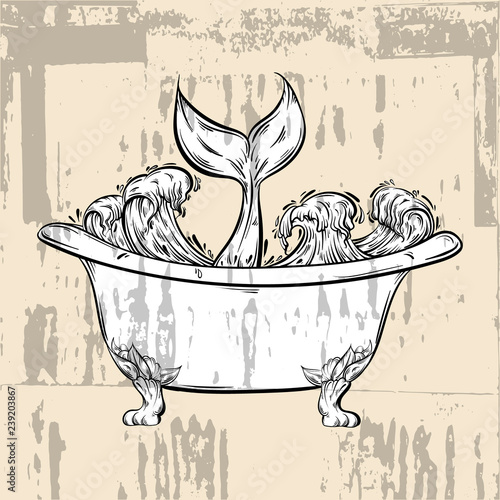 Vector hand drawn illustration of bath with ocean waves and tale of fish. Creative surreal artwork. Tattoo art. Template for card poster banner print for t-shirt.