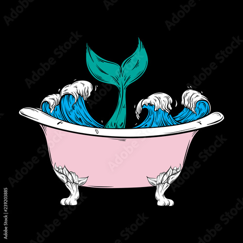 Vector hand drawn illustration of bath with ocean waves and tale of fish. Creative surreal artwork. Tattoo art. Template for card poster banner print for t-shirt.