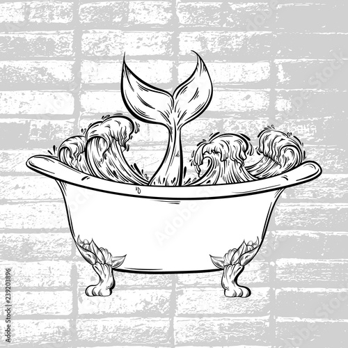 Vector hand drawn illustration of bath with ocean waves and tale of fish. Creative surreal artwork. Tattoo art. Template for card poster banner print for t-shirt.