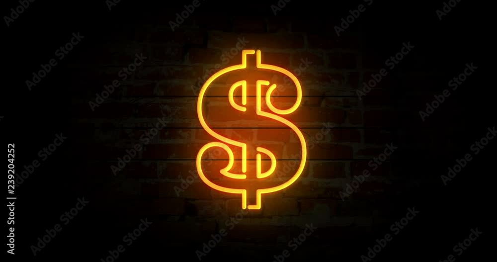 Dollar symbol neon sign light on brick wall background. Glowing large illuminated advertisement in looped concept animation. Retro style. Dollar symbol neon sign light on brick wall background. Glowing large illuminated advertisement in looped concept animation. Retro style.