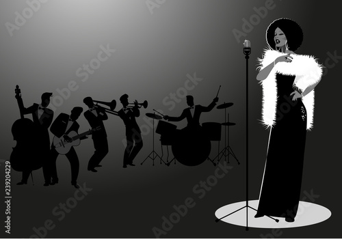 Beautiful and elegant jazz singer singing solo. Male orchestra in the background. Retro style.
