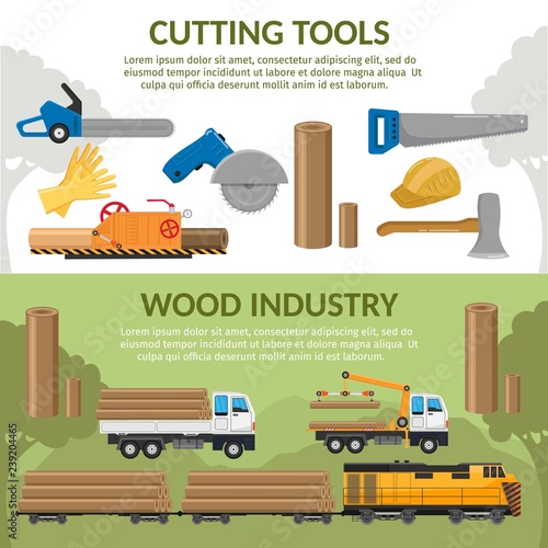 Timber train transportation Sawmill woodcutter lumber or hardwood background flat elements horizontal banner