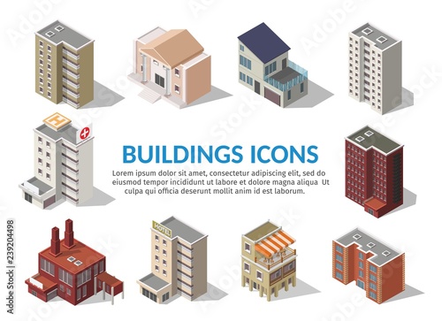 Big set low poly vectors of isometric illustration city street house facades, factory, cafe, school, hospital, gas station, bank.