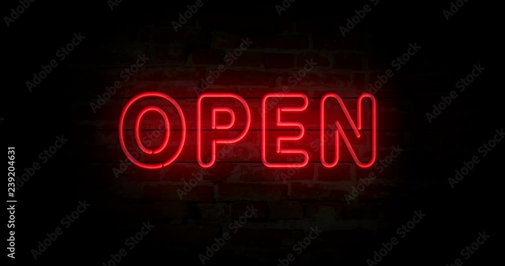 Open 24h neon sign light on brick wall background. Glowing large illuminated advertisement in looped concept animation. Retro style. Open 24h neon sign light on brick wall background. Glowing large illuminated advertisement in looped concept animation. Retro style.