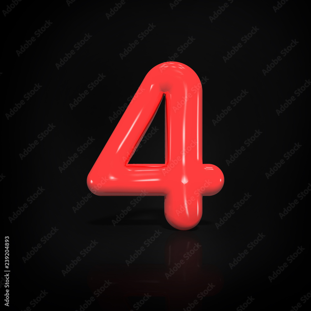 Glossy red paint number 4 of balloon isolated on black background, 3d rendering illustration Glossy red paint number 4 of balloon isolated on black background, 3d rendering illustration