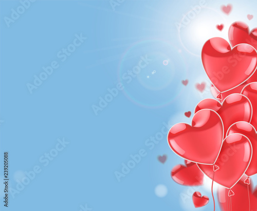 Happy Valentines Day.  Pink flying glossy balloons  on a blue background. Place for your greeting text. Vector  illustration.