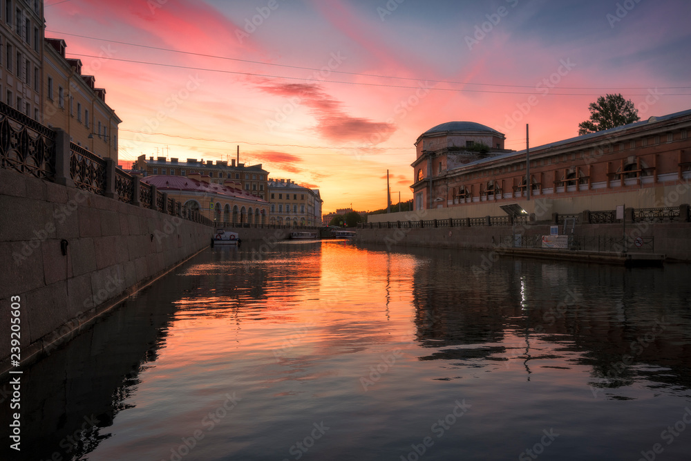 Colorful dawn on the river Fontanka in Saint Petersburg, Russia