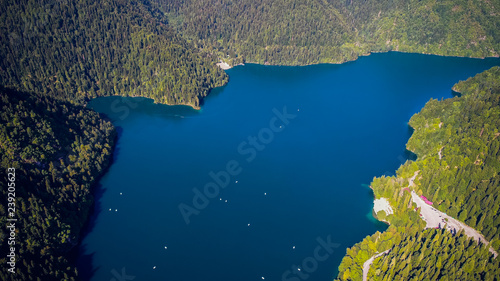 Amazing nature landscape view of lake Ritsa, Abkhazia Aerial view resort town Gagra, Abkhazia, Georgia photo