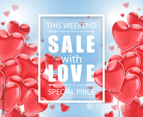 Valentines Day. Advertising sale. White inscription SALE with LOVE  on a blue background and  pink balloons in the shape of a heart. Vector illustration.
