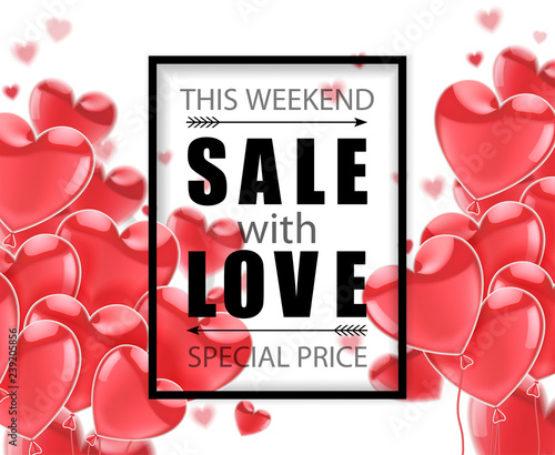 Valentines Day. Advertising sale. Black inscription SALE with LOVE  on a white background and  pink balloons in the shape of a heart. Vector illustration.