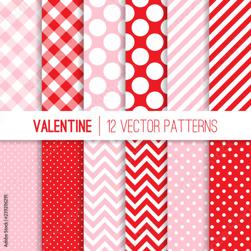 Pink and Red Gingham, Chevron, Polka Dots and Stripes Vector Patterns. Modern Valentine's Day Geometric Backgrounds. Repeating Pattern Tile Swatches Included.