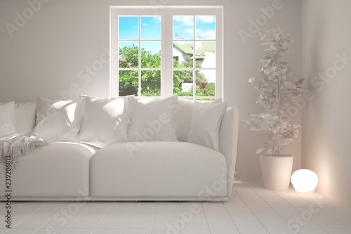 White room with sofa and green landscape in window. Scandinavian interior design. 3D illustration