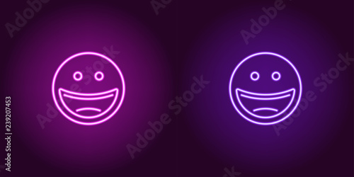 Neon illustration of laughing emoji. Vector icon