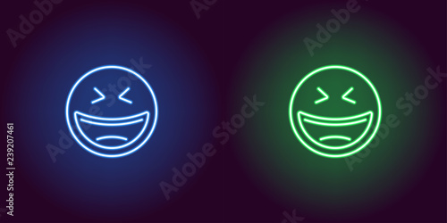 Neon illustration of laughing emoji. Vector icon