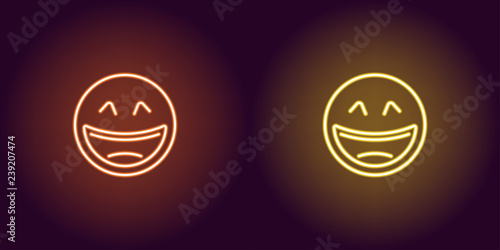 Neon illustration of laughing emoji. Vector icon