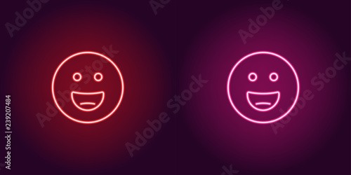 Neon illustration of grinning emoji. Vector icon