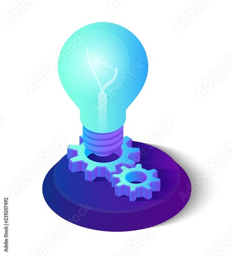 Idea Isometric Icon. Light Bulb with gears. Lamp Bulb Icon. Created For Mobile, Web, Decor, Print Products, Application. Perfect for web design, banner and presentation. Vector Illustration.