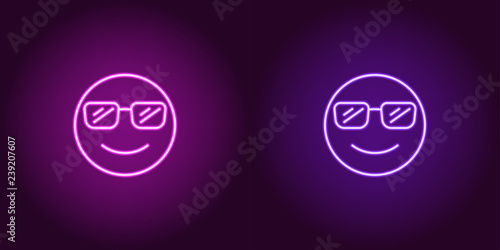 Neon illustration of cool emoji. Vector icon