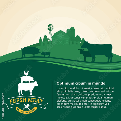 Vector farm fresh meat illustration with rural landscape and farm animals. Modern style butchery label. Butcher's shop or farming design elements.