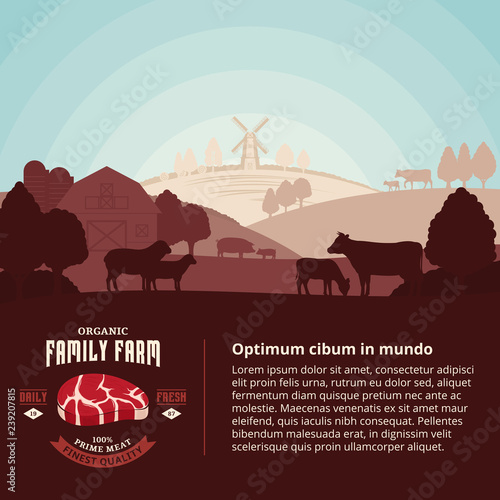 Vector farm fresh meat illustration with rural landscape and farm animals. Modern style butchery label. Butcher's shop or farming design elements.