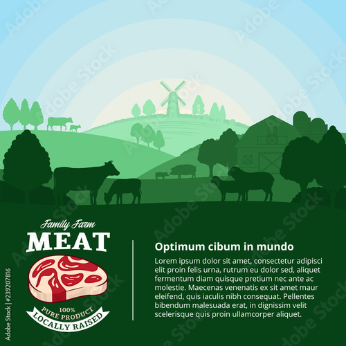 Vector farm fresh meat illustration with rural landscape and farm animals. Modern style butchery label. Butcher's shop or farming design elements.