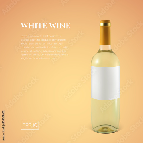 Photorealistic bottle of white wine on a yellow background. Mock up transparent bottle of wine. Template for product presentation or advertising in a minimalistic style.