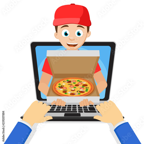 The courier keeps the pizza straight from the laptop monitor.